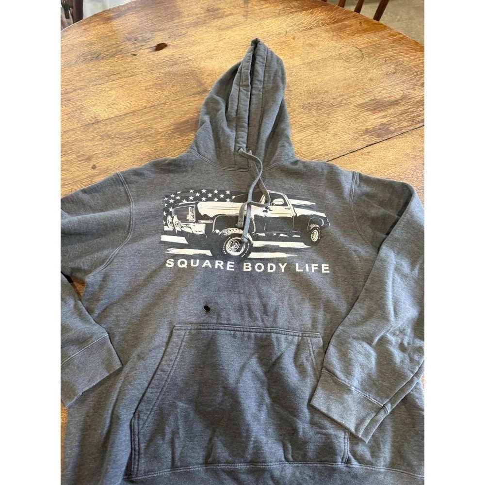 Square Body Life Truck American Flag Graphic Hoodie Charcoal Grey Mens L